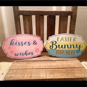 Easter Hanging Wood Wall Decor Signs Set of 2, Bunny Kisses & Easter Wishes Sign